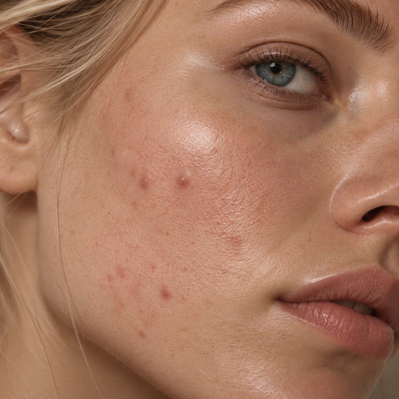 Extreme close-up of a young woman's cheek, eye and profile showing active breakouts, post-acne marks, freckles and natural skin texture