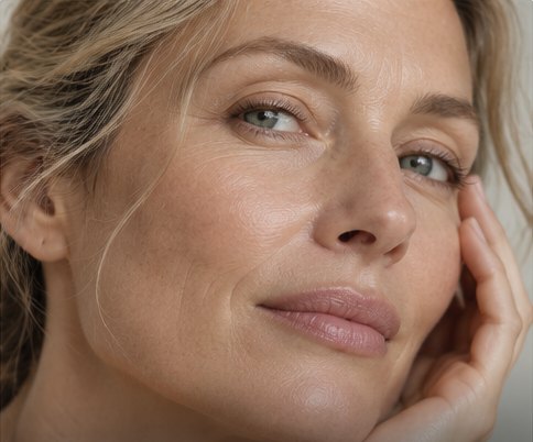 Close-up portrait of a mature woman with her hand resting against her jawline, showing natural fine lines and radiant skin