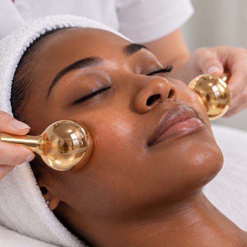 A client resting with her eyes closed and a white towel headband while a practitioner holds two gold facial massage globes against her cheeks