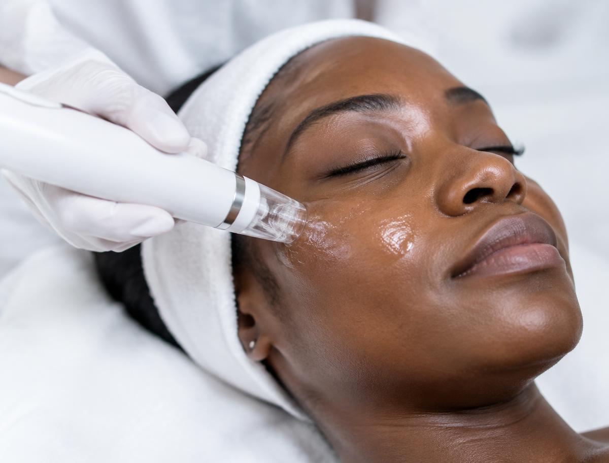 A client relaxing while a hydrating facial handpiece is guided across her cheek