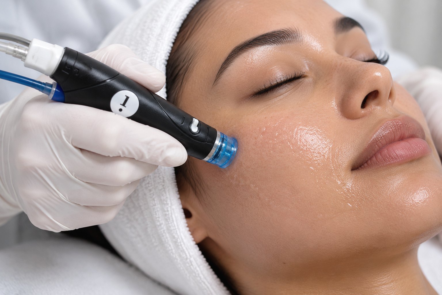 A client resting with her eyes closed and a white towel headband while a gloved practitioner glides a Hydrafacial™ handpiece with a bright blue tip across her serum-coated cheek