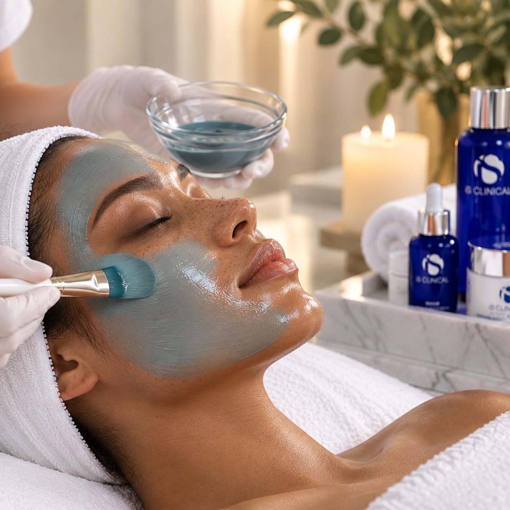 A practitioner in white gloves brushing a blue-green masque onto a relaxed client's cheek with a flat brush, while iS Clinical products, rolled towels and lit candles sit on a marble tray beside her