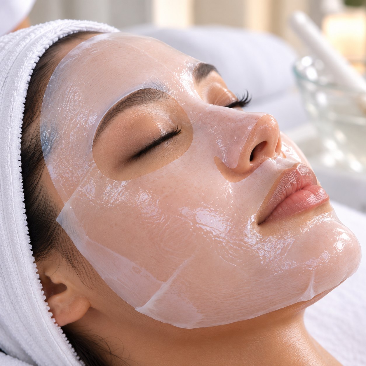 Close-up of a relaxed client lying back with her eyes closed while wearing a glossy, semi-translucent hydrogel sheet mask, her hair held back with a white terrycloth headband
