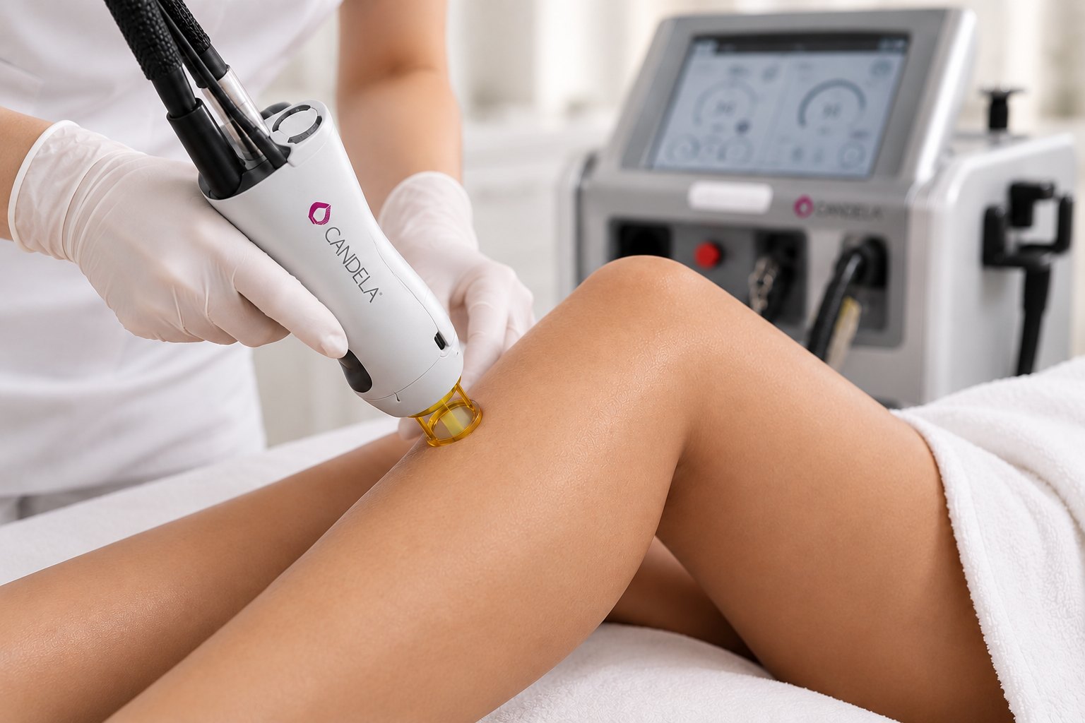 A practitioner's gloved hands guide a Candela laser handpiece with an amber treatment tip across a client's lower leg, with the laser console in the background