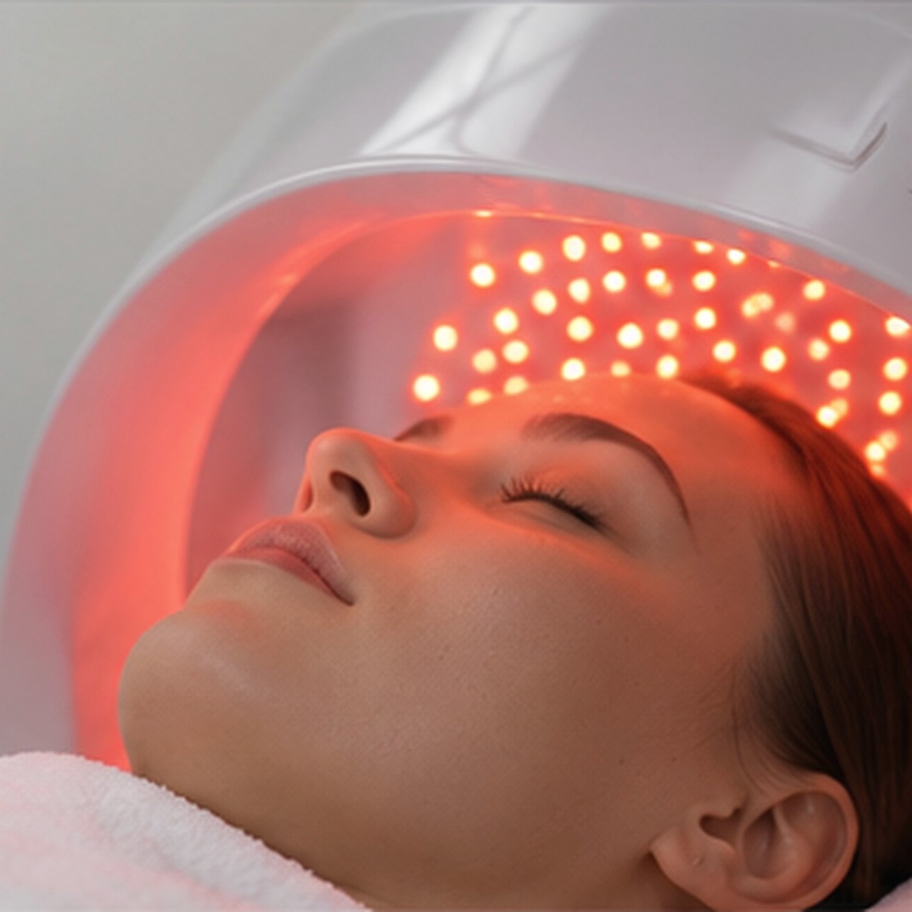 A client resting with her eyes closed on a white towel beneath a dome-shaped Celluma LED arch glowing red over her face