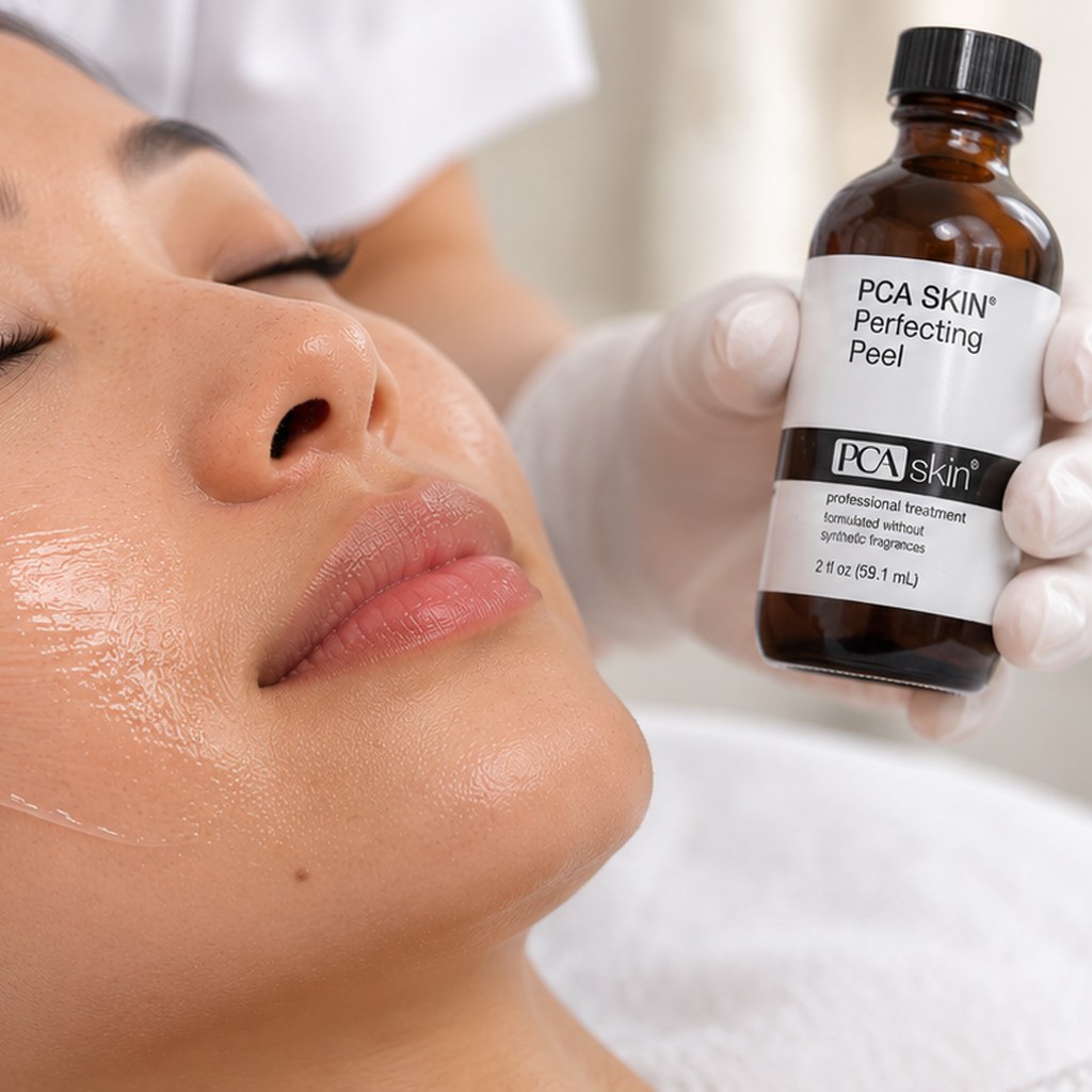 A gloved hand holds an amber PCA Skin Perfecting Peel bottle beside a client's face while clear peel solution is applied to her cheek