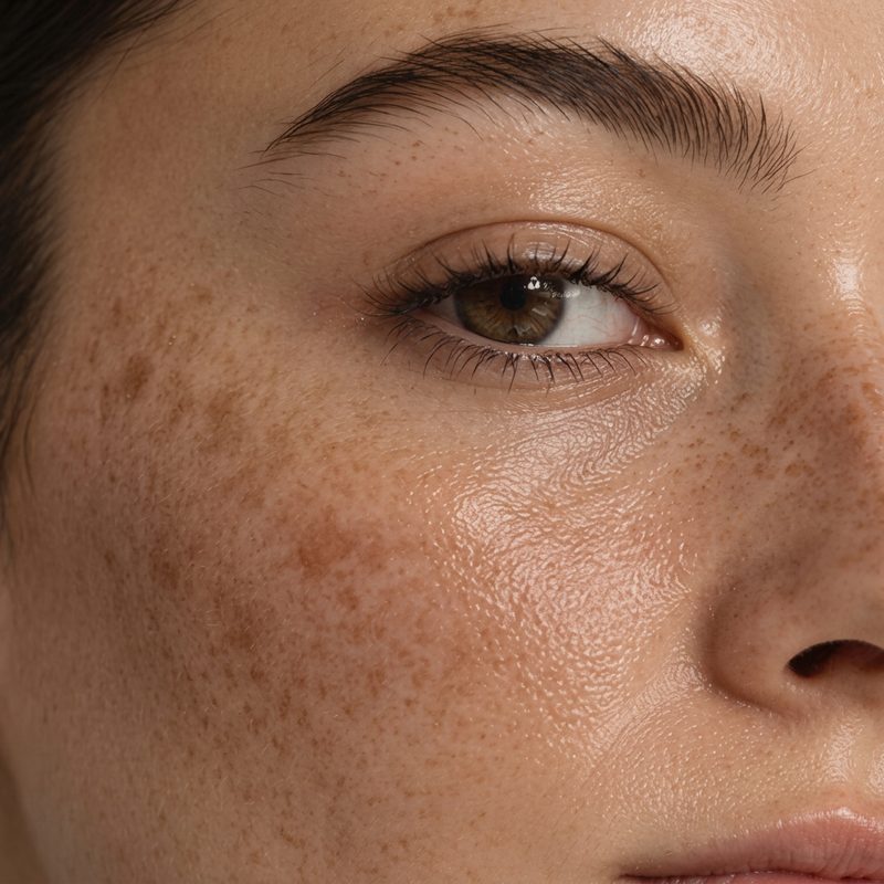 Close-up of a woman's eye, brow, cheek and nose showing freckles and uneven pigmentation on natural skin