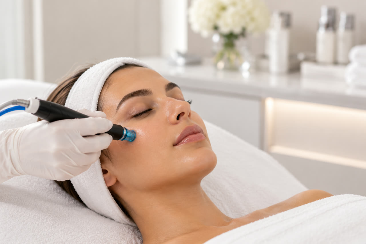 A client receiving a facial treatment with a hydrating wand in a bright treatment room