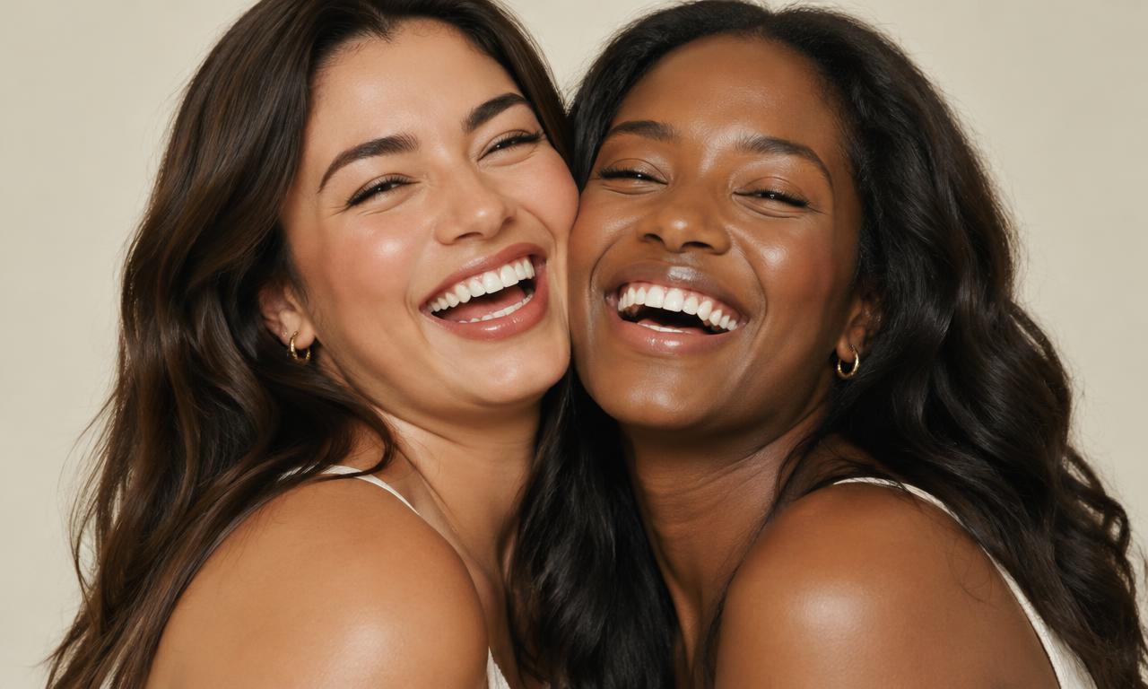 Two friends laughing together cheek to cheek