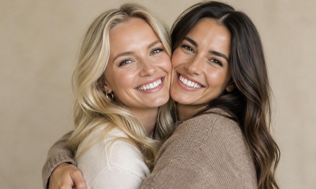 Two friends hugging and smiling