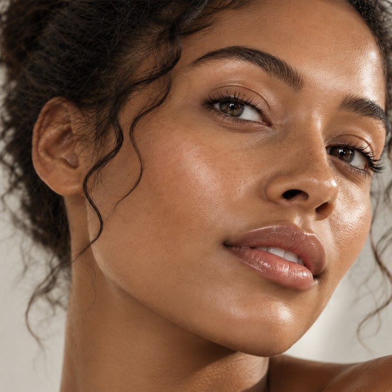 Close-up portrait of a young woman with dewy, glowing skin and dark curly hair styled up, her head tilted in three-quarter profile against a soft neutral backdrop