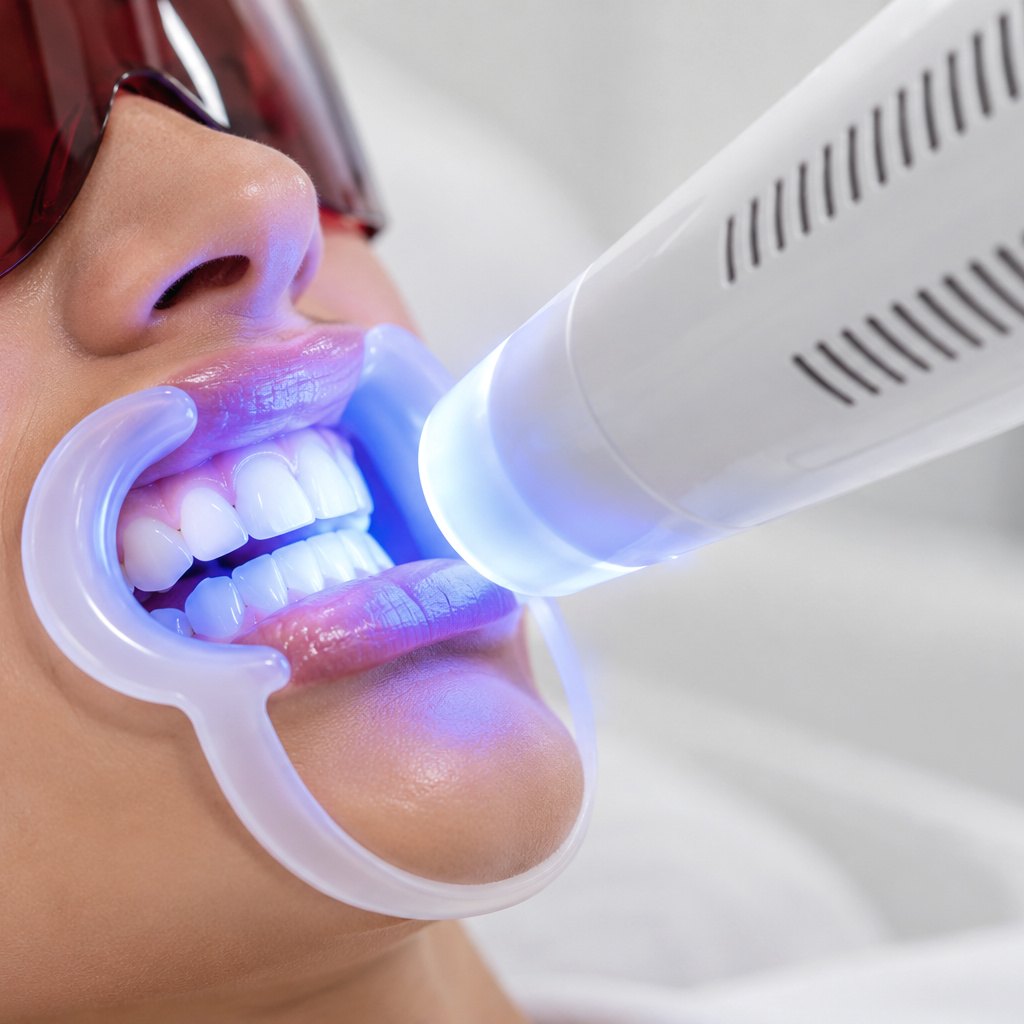 A client wearing red protective goggles while a whitening lamp casts a cool blue light over her teeth, held open with a clear cheek retractor