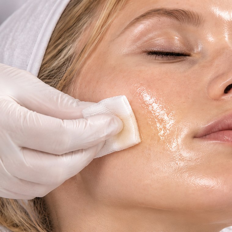 Close-up of a relaxed client with her eyes closed while a practitioner in a white glove smooths a clear peel solution across her cheek with a folded white gauze pad