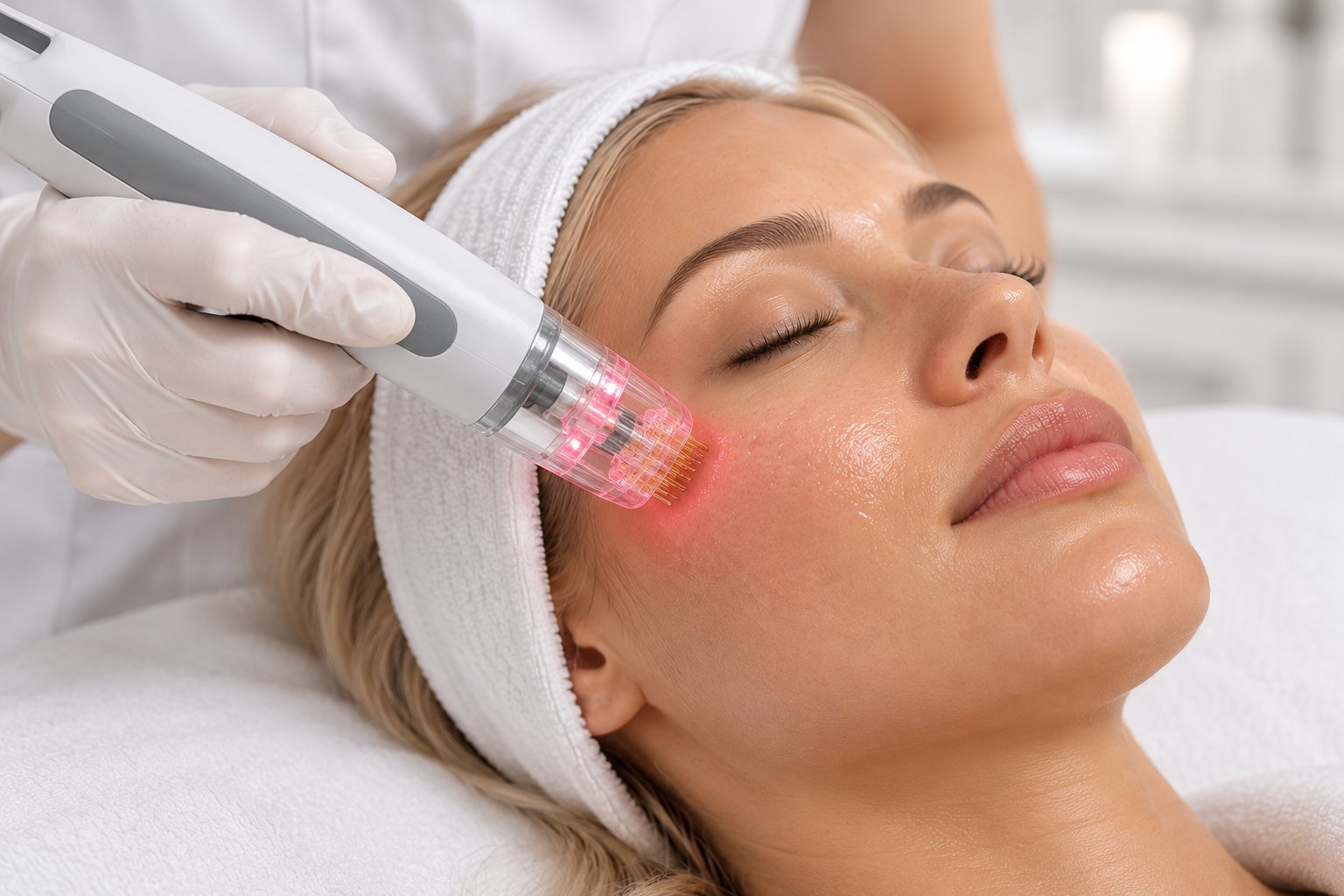 A client resting with her eyes closed while a gloved practitioner applies a lighted RF microneedling applicator to her upper cheek